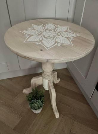 Image 3 of White washed pine table with a mandala print.