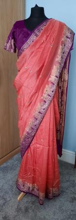 Image 3 of Coral pink and purple with gold embroidery design saree