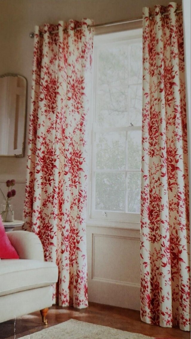 Preview of the first image of Pair of fully lined red & ivory curtains, eyelet 228 x 229.