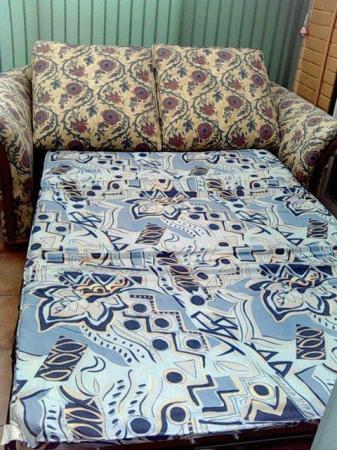 Image 3 of Double Sofa Bed in beige with blue floral pattern