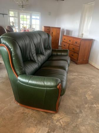 Image 2 of Lovely 3 piece Green leather suite wood trim as new £200