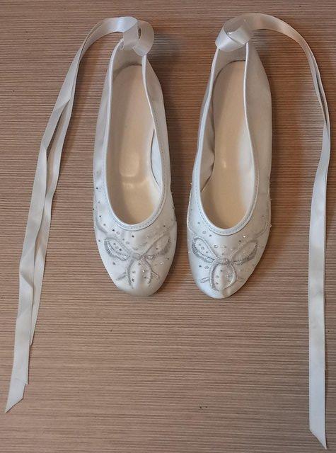 Preview of the first image of Bride / Bridesmaid / Prom Ballet Shoe with Ribbon Ankle Ties.