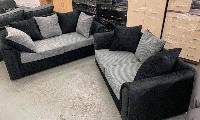 Preview of the first image of Byron 3&2 sofas in black chenille/jumbo grey.