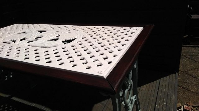 Preview of the first image of STUNNING CAST IRON AND TEAK LARGE VINTAGE TABLE.