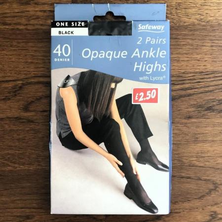 Image 1 of Unopened pack 2 prs black opaque ankle highs. 40 d. One size
