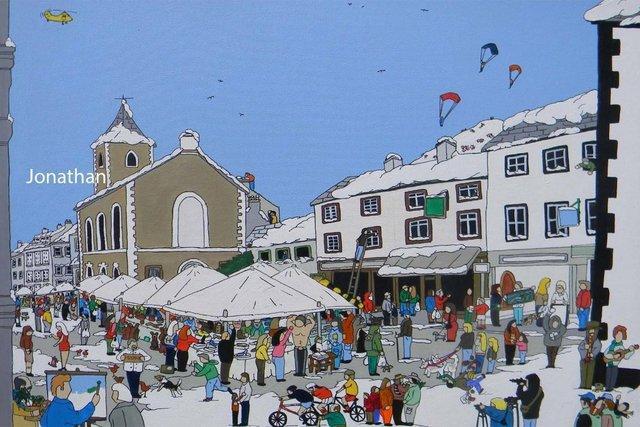 Preview of the first image of naïve folk art painting of Keswick market day winter.