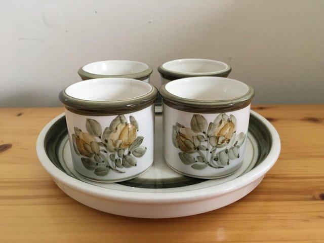 Preview of the first image of Vintage Jersey Pottery 4 egg cups on matching plate/stand..
