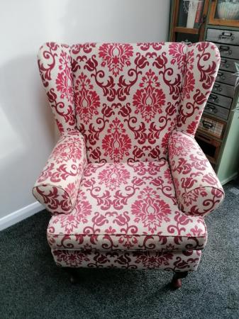 Image 1 of Red brocade wing armchair for sale