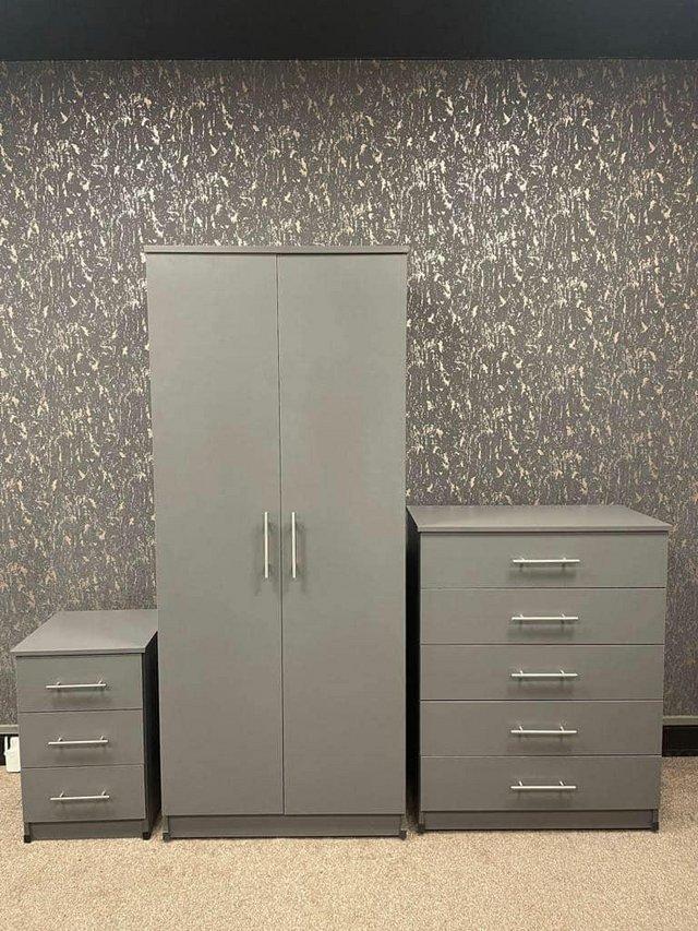 Preview of the first image of NOVA GREY WARDROBE CHEST AND BEDSIDE.