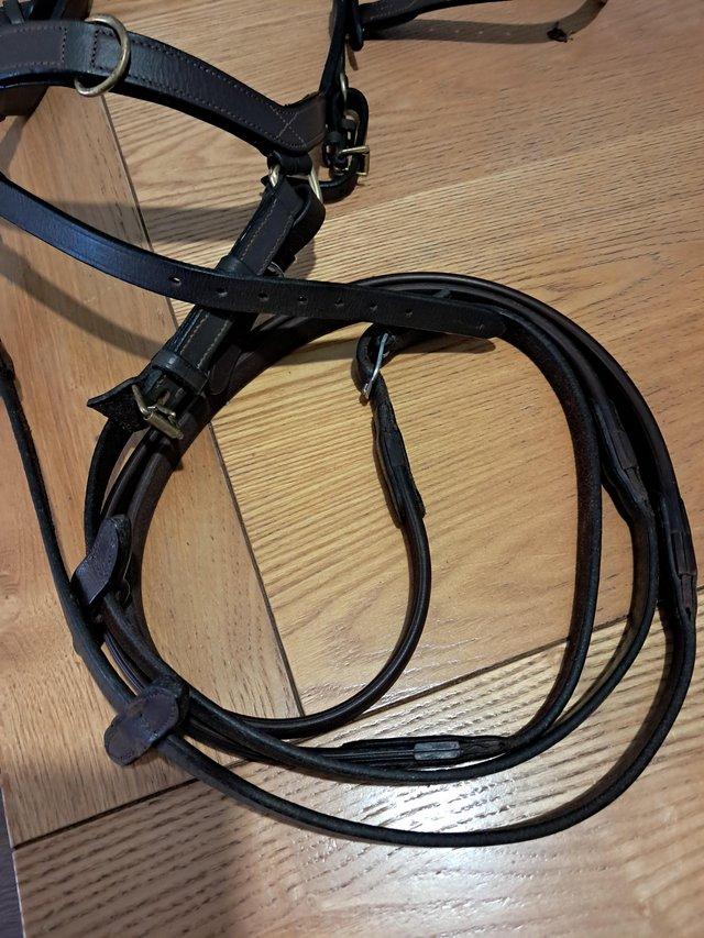 Preview of the first image of Micklem brown leather bridle with reins.