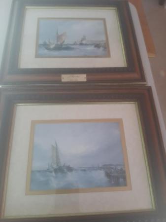 Image 1 of Oil painting  and 2 prints in original gold frames