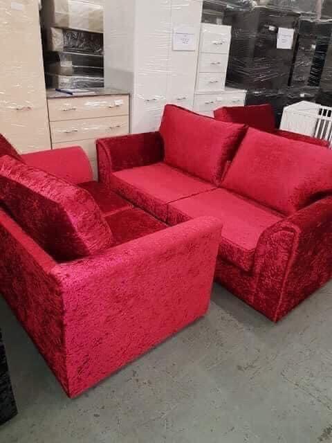 Preview of the first image of Omega fixed back red crushed velvet 3&2 sofas.