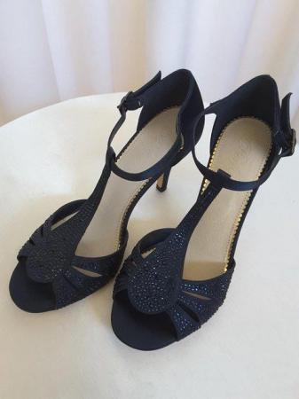 Image 3 of Open waist T Bar navy shoe with cut away detail on the upper