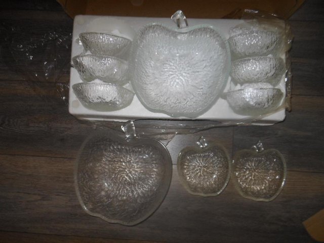 Preview of the first image of Fruit Bowl Set Glass Apple Shaped 9 Piece.