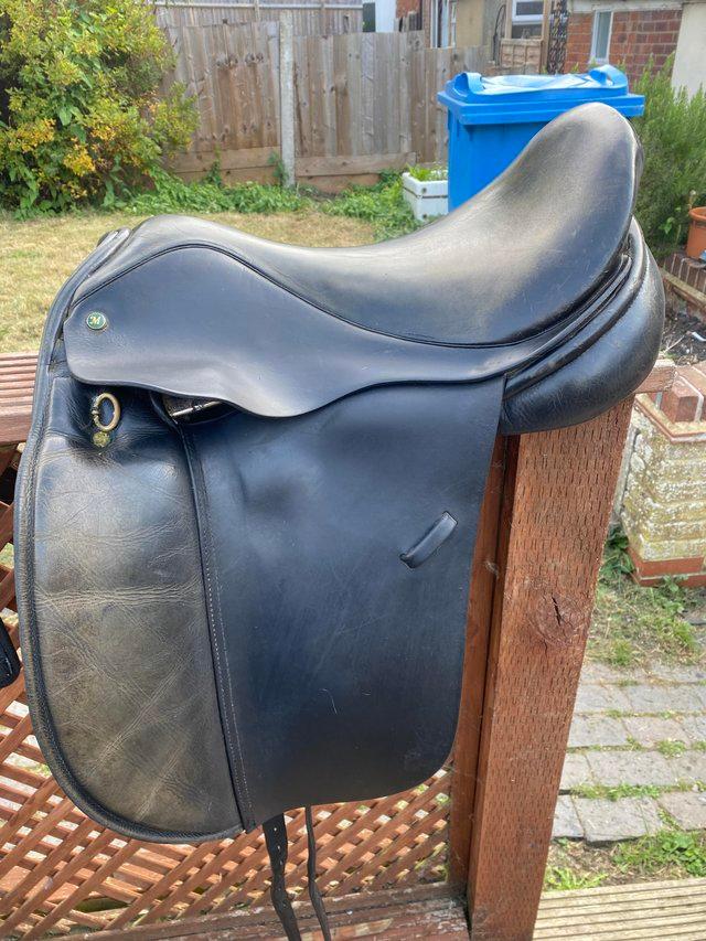 Preview of the first image of Black Manor Dressage Saddle, size 17” for sale.