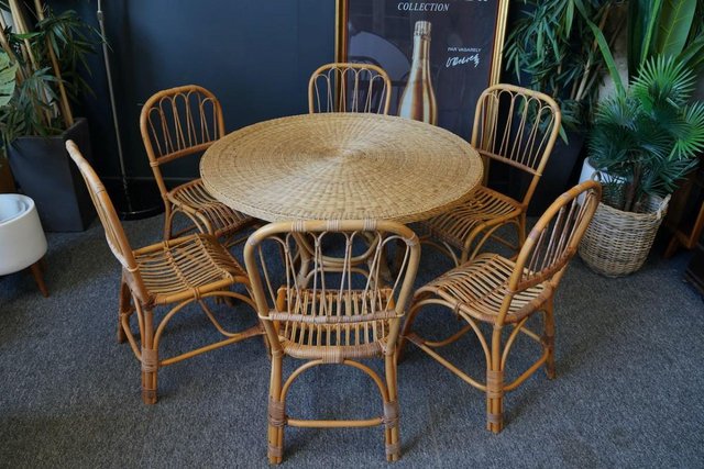 Preview of the first image of Mid C Wicker Dining Table & 6 'Peacock' Style Chairs 1970s.
