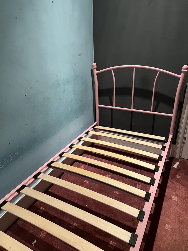 Preview of the first image of Single Bed - Pink Metal Frame - With Mattress.