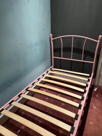 Image 1 of Single Bed - Pink Metal Frame - With Mattress