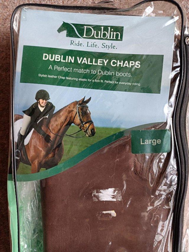 Preview of the first image of NEW: DUBLIN LEATHER VALLEY CHAPS, LARGE, BROWN.