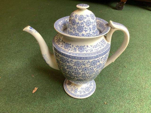 Preview of the first image of Blue and white vintage coffee pot transfer ware.