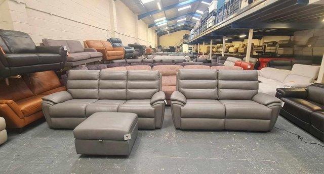 Preview of the first image of La-z-boy Winslow grey leather 3+2 seater sofas and puffee.