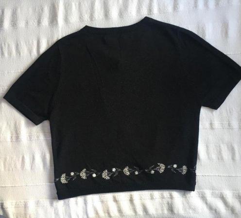 Image 2 of Black short sleeve cardigan, embroidery, beads. Small