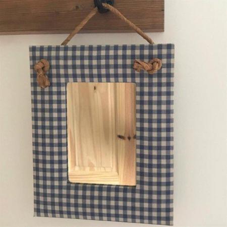 Image 1 of Hanging mirror, blue & white check fabric surround.