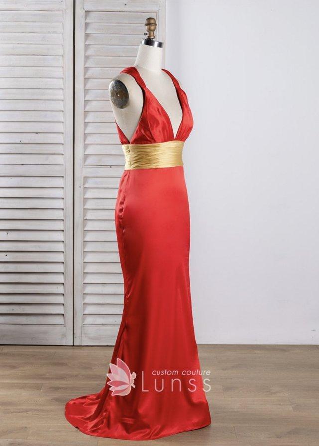 Preview of the first image of Elegant red satin dress with gold waistband, never worn.