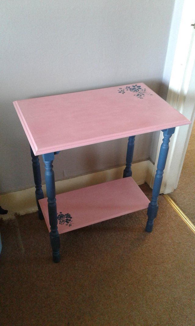 Preview of the first image of Pretty upcycled side table/ pink and blue.