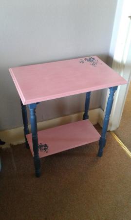 Image 1 of Pretty upcycled side table/ pink and blue
