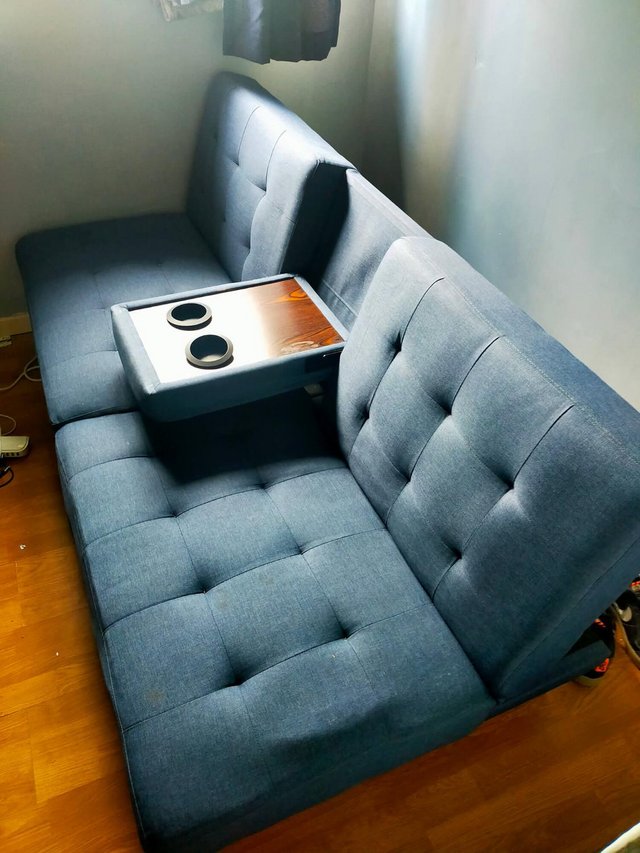 Blue Sofa Bed with Cupholders – Very Good Condition — photo 3 of 3