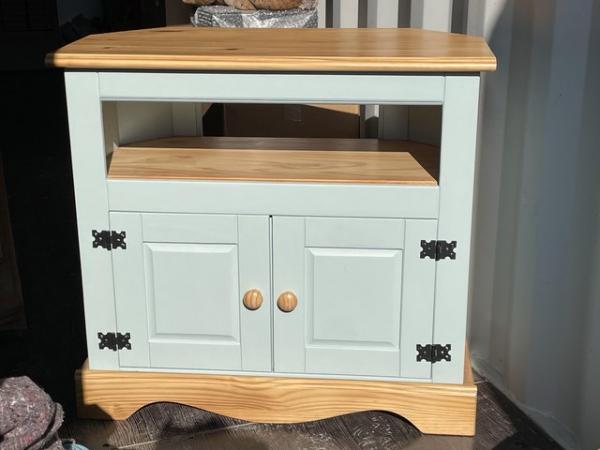 Image 2 of Pine TV corner unit , doors painted , in used good condition