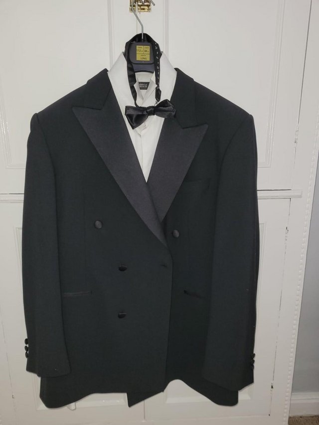 Preview of the first image of Vintage black dinner suit, with dinner shirt and bow tie.