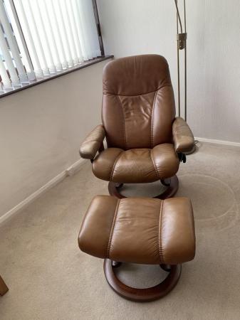 Image 1 of Stressless tan leather recliner chair and stool