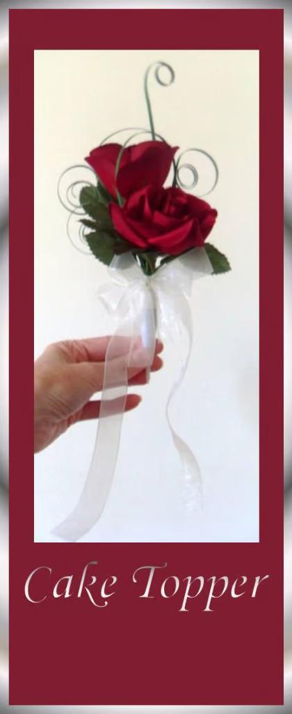 Preview of the first image of 1 Burgundy Double Rose Joanna Wedding Cake Topper.
