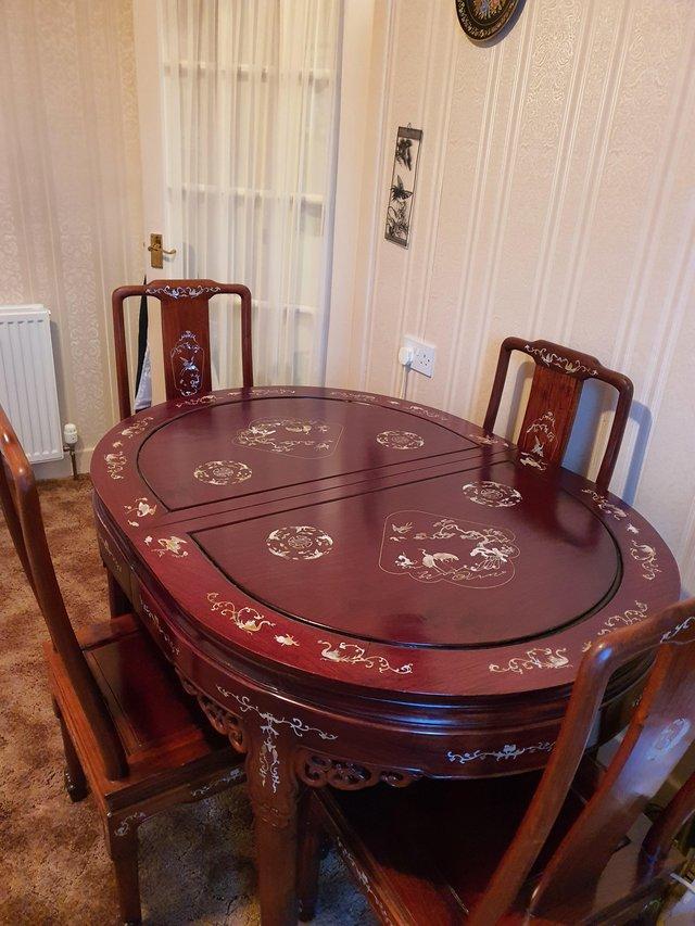 Preview of the first image of Elegant Rosewood Mother of Pearl Inlay Dining Set, 4 chairs.