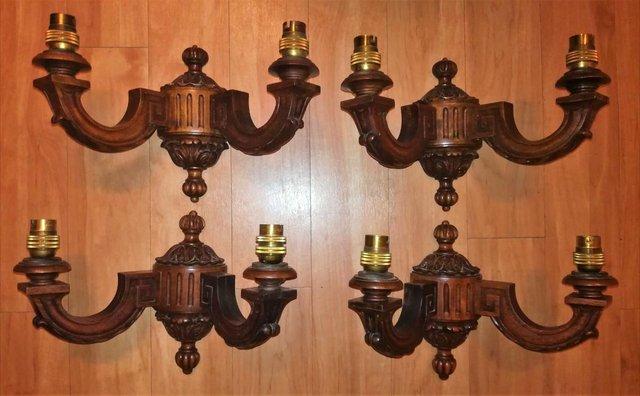 Image 1 of ANTIQUE Wall Lights 4 Ornate Mahogany Wood Brass Pieces