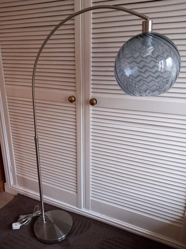 Preview of the first image of Retro chrome arc standard floor lamp with glass shade.