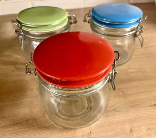 Image 3 of GLASS STORAGE JARS WITH COLOURED TOPS