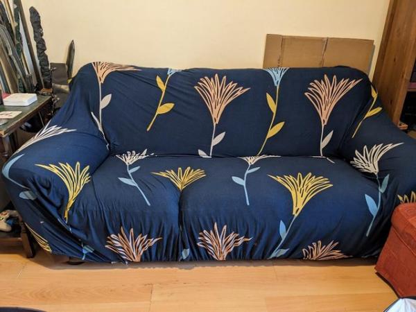 Image 2 of Navy blue patterned 4-seat sofa cover