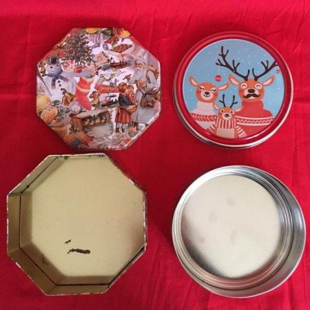 Image 3 of 4 empty Xmas tins: Snowman, Teasels, Vintage, Reindeer.