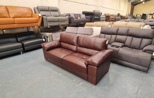 Preview of the first image of Oak Furniture Land Turin brown leather 3 seater sofa.