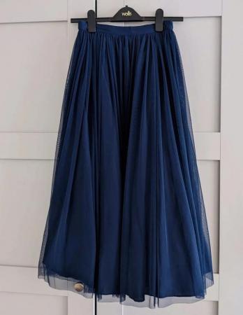 Image 1 of New ASOS Tulle Layered UK 6 Midi Skirt Navy Blue Calf Length
