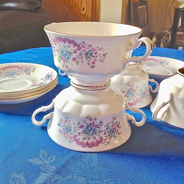 Preview of the first image of Gainsborough English 50's bone china Bouillon Cups & Saucers.