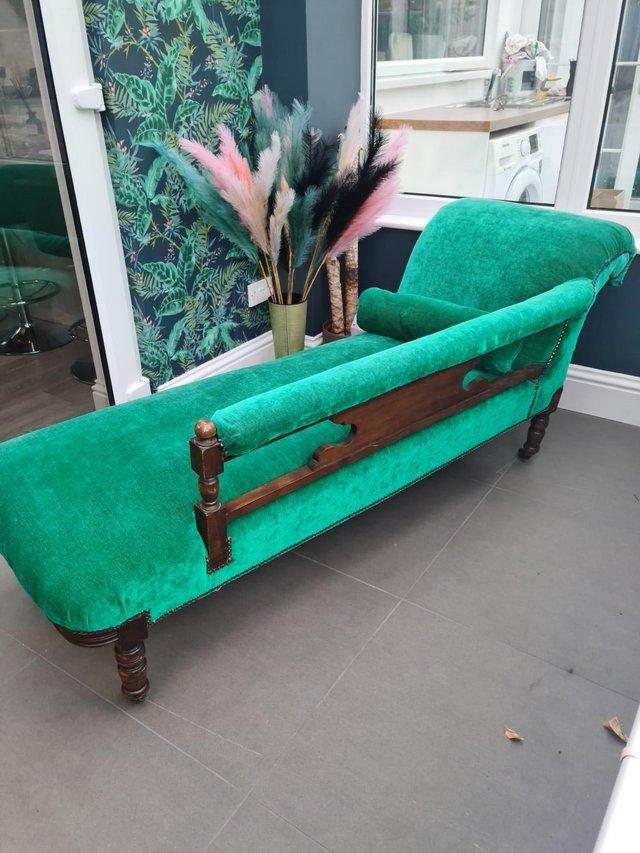 Preview of the first image of Vintage emerald green (Designers Guild fabric) chaise longue.