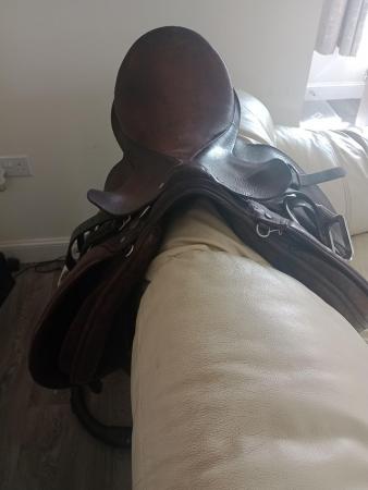 Image 1 of 17" wide brown leather saddle