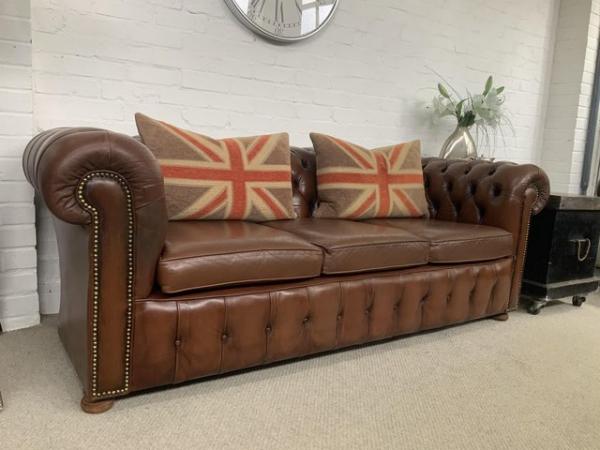 Image 2 of Saddle brown 3 seater Chesterfield sofa. Can deliver.
