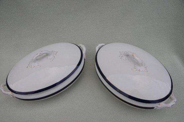 Preview of the first image of Victorian Pottery Serving Dishes With Lids White With Blue.