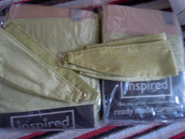 Image 1 of Curtains + 4 Tie Backs- Apple Green NEW