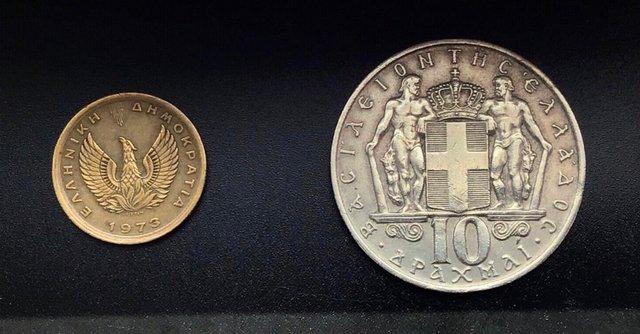 Preview of the first image of 2 old 1960’s Greek coins. Drachma and Lepta.